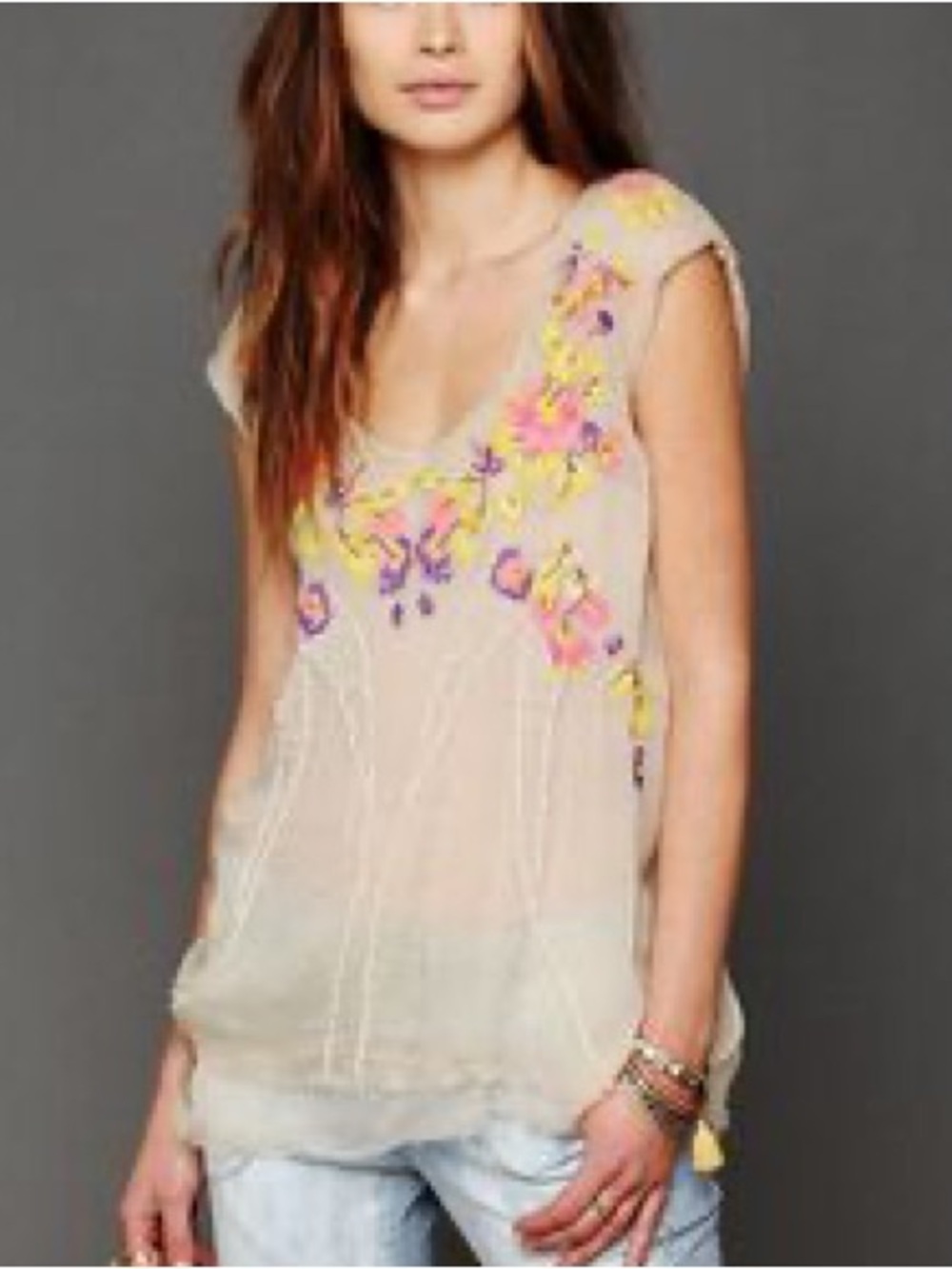 Free People Summer Nights Neon Floral Embroidered Beaded Chiffon Blouse Size XS
